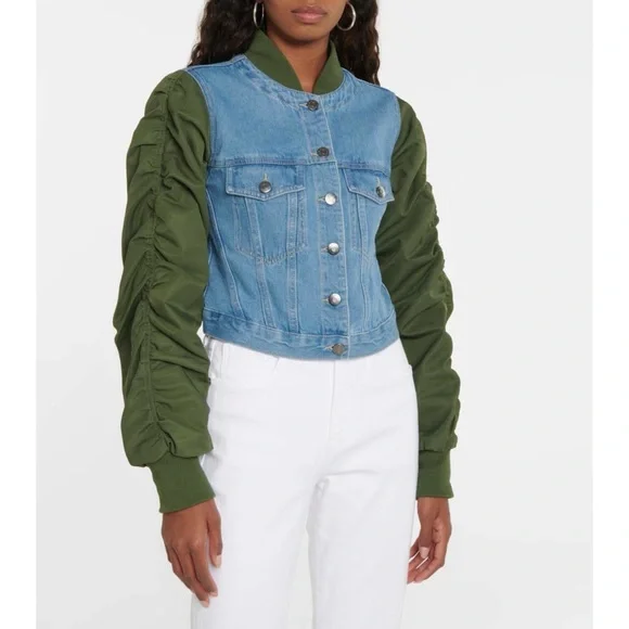 $498 NWOT Veronica Beard Emelia Denim Paneled Ruched Sleeves Bomber Jacket sz S